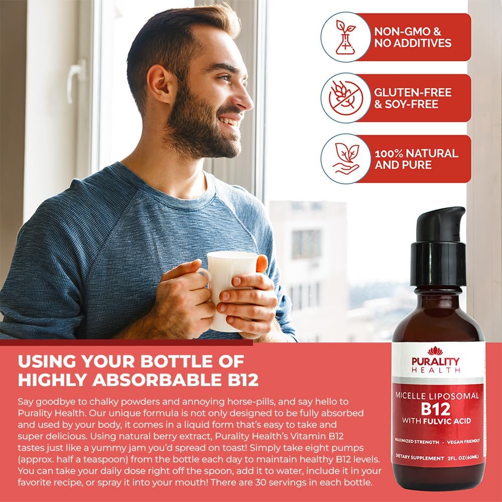 PURALITY HEALTH Micelle Liposomal Liquid Vitamin B12 with Fulvic Acid, 2500 mcg. Combined Methylcobalamin with Organic Glycerin Extract Maximum Absorption, Energy Boost, Vegan Friendly