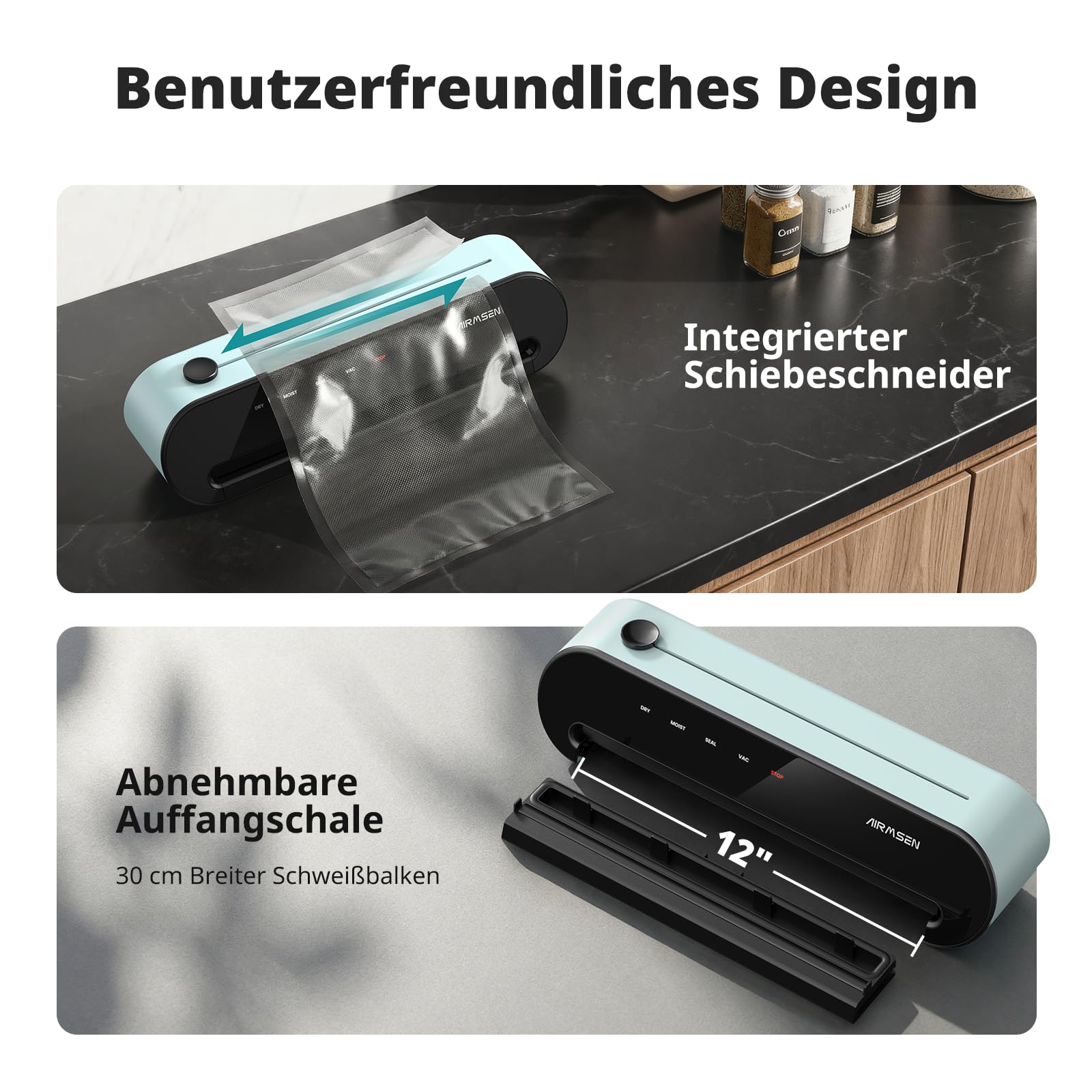 AIRMSEN 6-in-1 Vakuumiergerät Vollautomatisch mit Aufblasfunktion, Leistungsstarke Tiefenabsaugung, Einhand-Bedienung mit Cutter & Schlauchaufbewahrung, Starter-Kit, Mintgrün