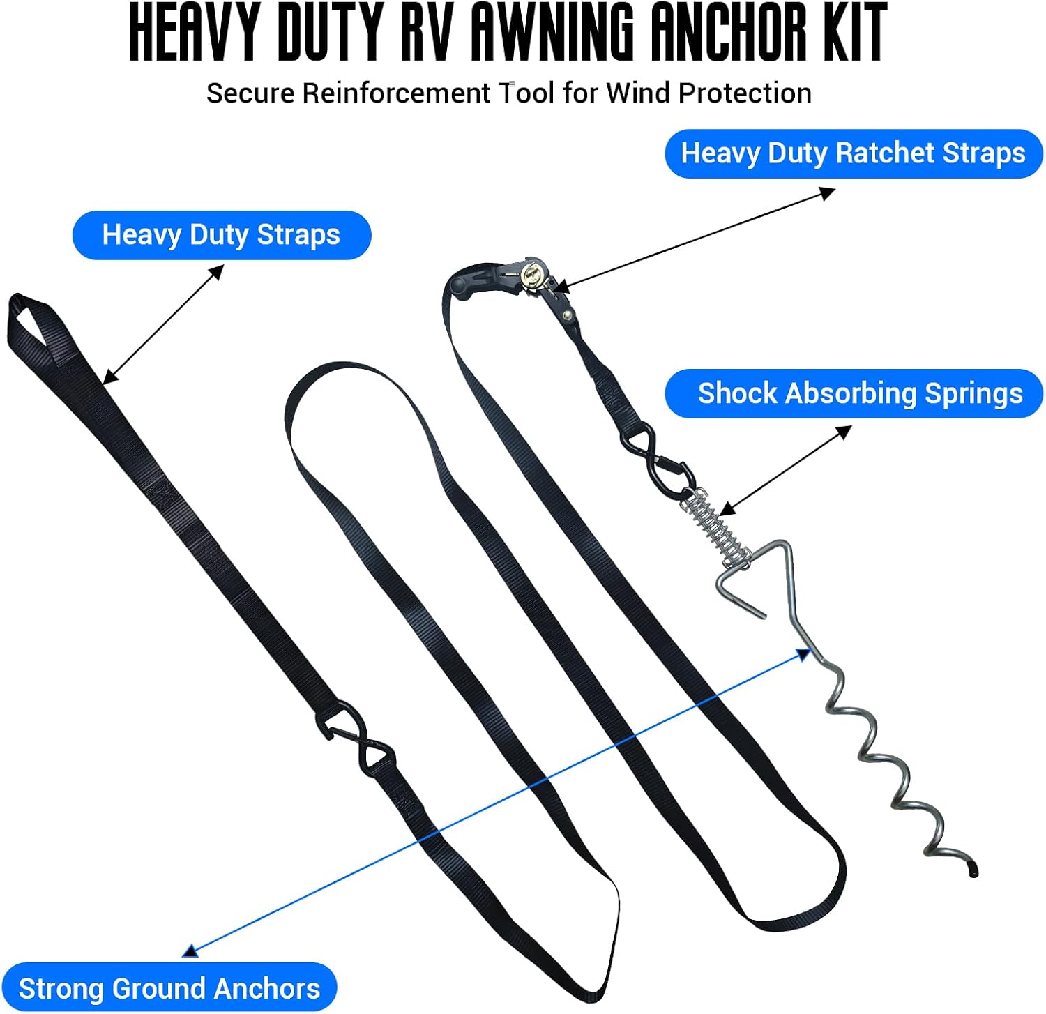 RV Awning Tie Down Kit Heavy Duty, Windproof Camper Awning Anchor Kit with Shock Absorbing Springs & 13ft Ratchet Straps, Secure S-Hooks, Spiral Ground Stakes, Adjustable Buckles & Soft Loops