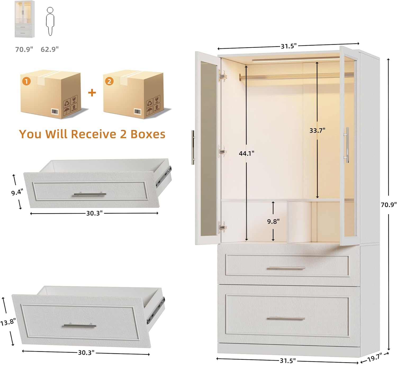 PAKASEPT Armoire Wardrobe Closet with Glass Door and Drawers, Bedroom Closet Wardrobe Cabinet with Hanging Rod, Lighted Freestanding Armoire Storage Cabinet for Bedroom Cloakroom White