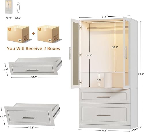 Miniatura 2 de PAKASEPT Armario Guardarropa con Puerta de Vidrio y Cajones, Gabinete Armario de Dormitorio con Barra Colgante, Armario Independiente Iluminado de