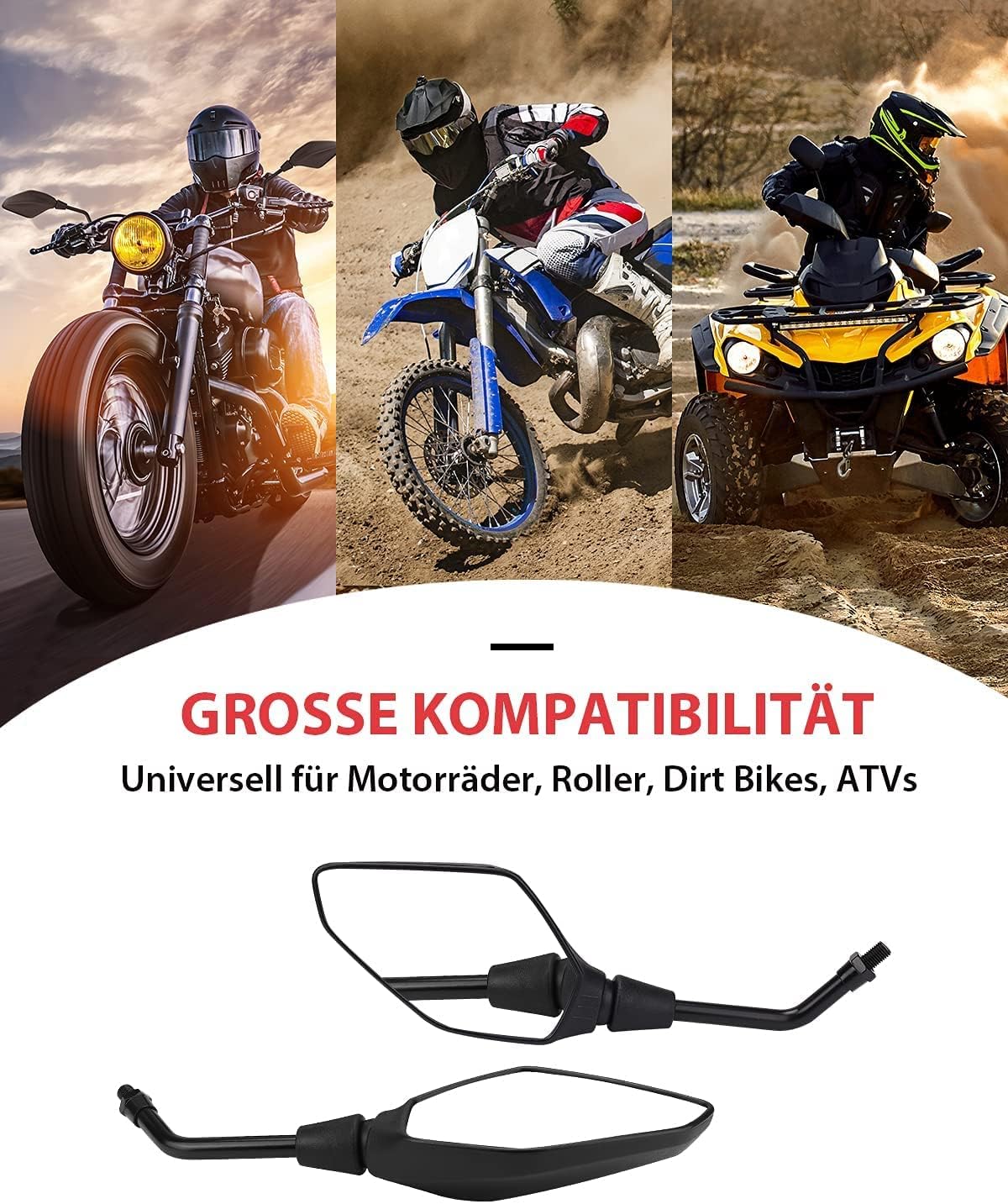 KEMIMOTO Motorrad Spiegel E Geprüft, Universal Mit M8 M10, Rückspiegel Mit Halterung, Für Moped, Roller, Seitenspiegel Kompatibel Mit Meisten Modellen