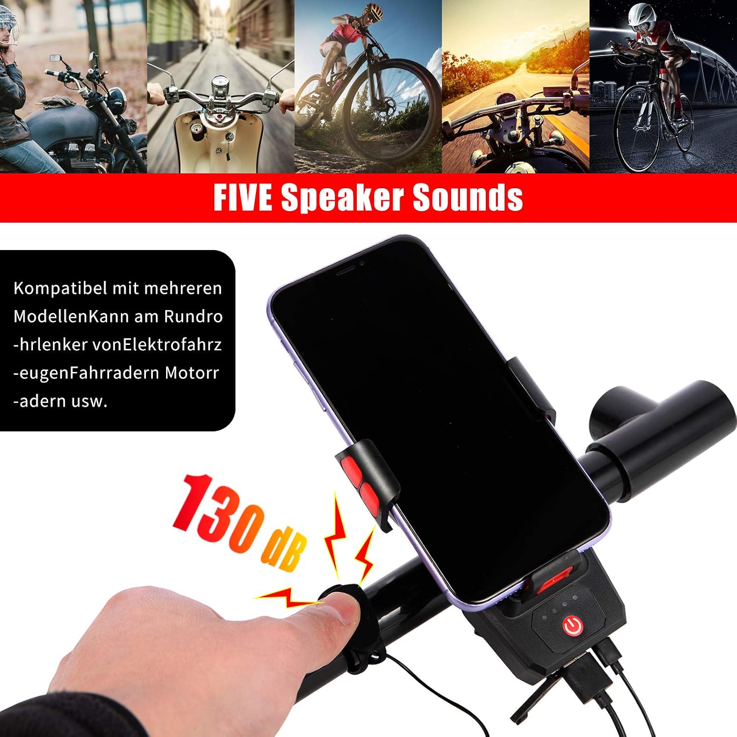 YUEWXTER 4 in 1 Bicycle Lights Set, Bicycle Mobile Phone Holder, 2700 lumens, USB Rechargeable Bicycle Led Front and Back Light, Waterproof Bicycle Light with Phone Holder, Electric Bike Horn 130 db