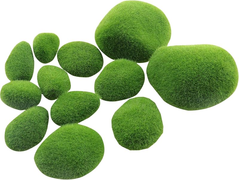 DGZZI 12PCS Artificial Moss Rocks Stone Shooting Prop Decoration Bonsai Plant Plush Small Stone for Flower Arrangement Fairytale Garden Glass Container Crafts