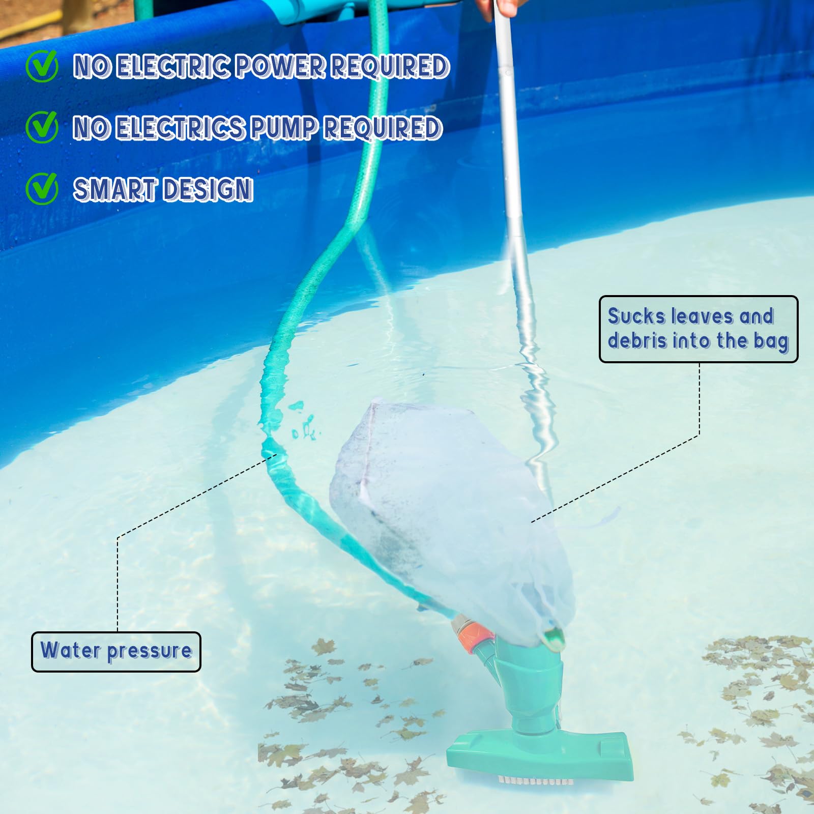 Limpiafondos Piscina Manual, Yanghad Aspiradora Manual Piscina, Removable Pool Bottom Cleaner con Bolsa Filtrante, Set Limpieza, para Piscinas, Spas, Fuentes, Bañeras de Hidromasaje(Verde)