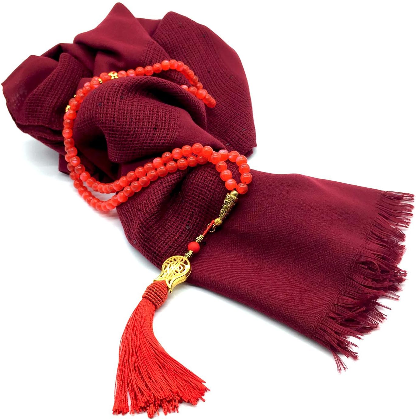 -99 Beads with Scarf -Prayer Beads-Worry Beads-Tesbih-Tasbih-Tasbeeh-Misbaha-Subha-Sibha-Rosary (Bordeaux Shawl & Red Cat Eye Imitation Resin -8mm- Beads)
