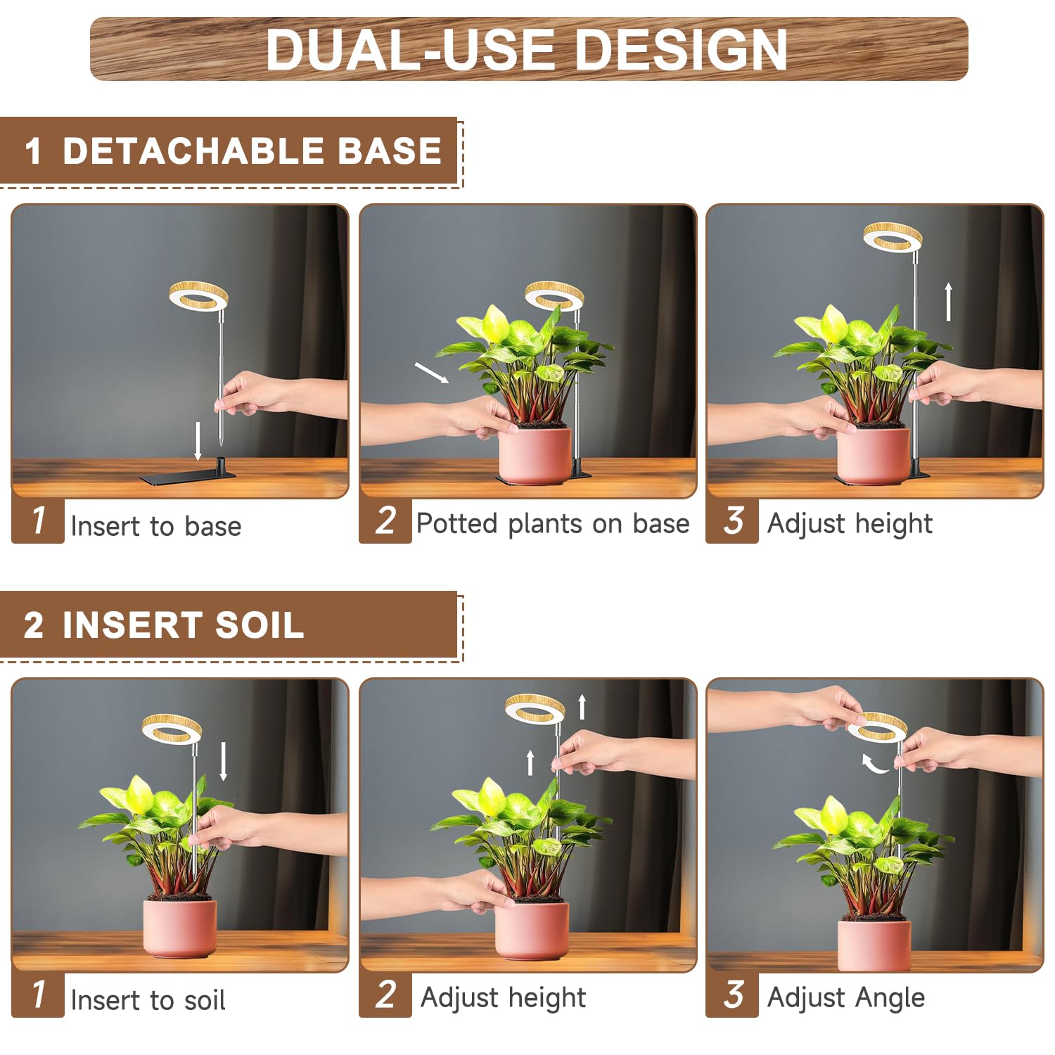 Aokrean - Luz de cultivo, 48 LED de espectro completo para plantas de interior, luz de halo pequeño ajustable en altura con base, 3 espectros opcionales, temporizador automático 6/12/16 horas, 5
