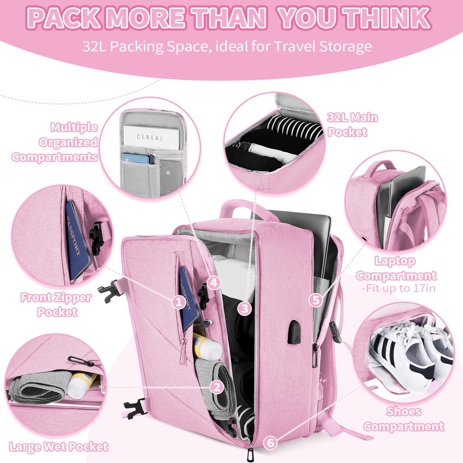 VOESLD Zaino 45x36x20 per Easyjet, Zaino da Viaggio Aereo Bagaglio a Mano Rosa Donna Impermeabile Zaino Bagaglio a Mano per Tutte le Principali Compagnie Aeree, con Porta USB 32L