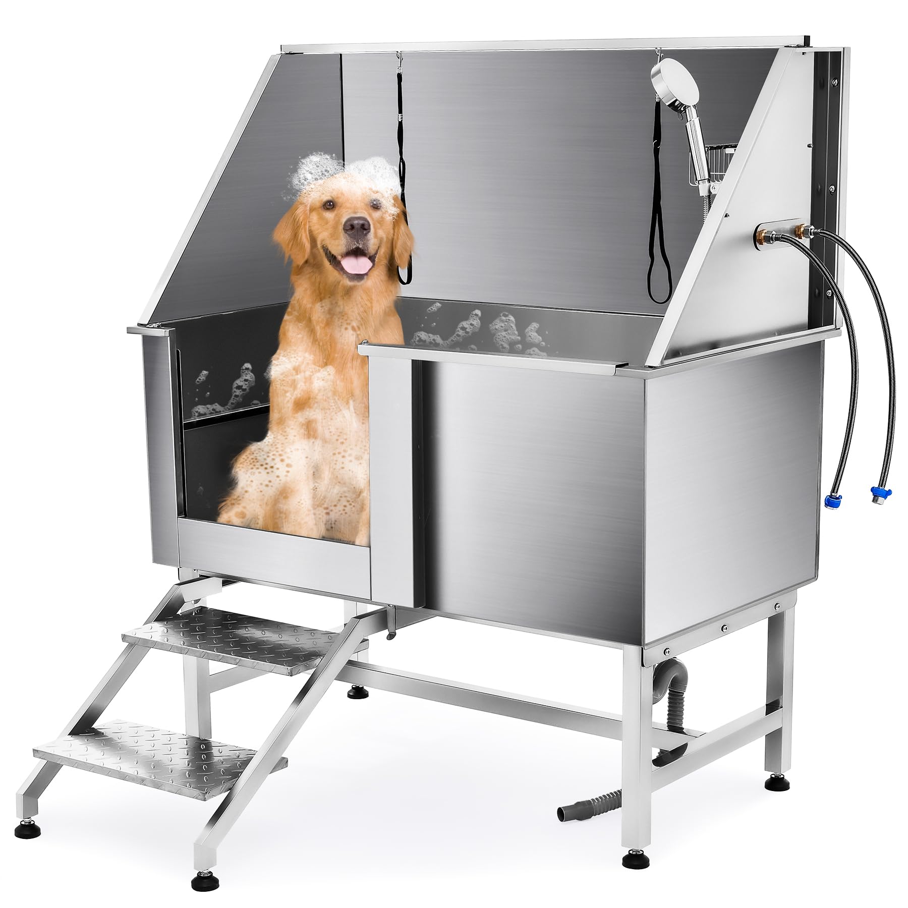 Baignoire de Toilettage pour Chien 127CM Capacité 115KG en Acier Inoxydable 304 Station de Bains pour Grands Chiens avec Escaliers et Pomme de Douche, pour Maison Hôpital Animalerie