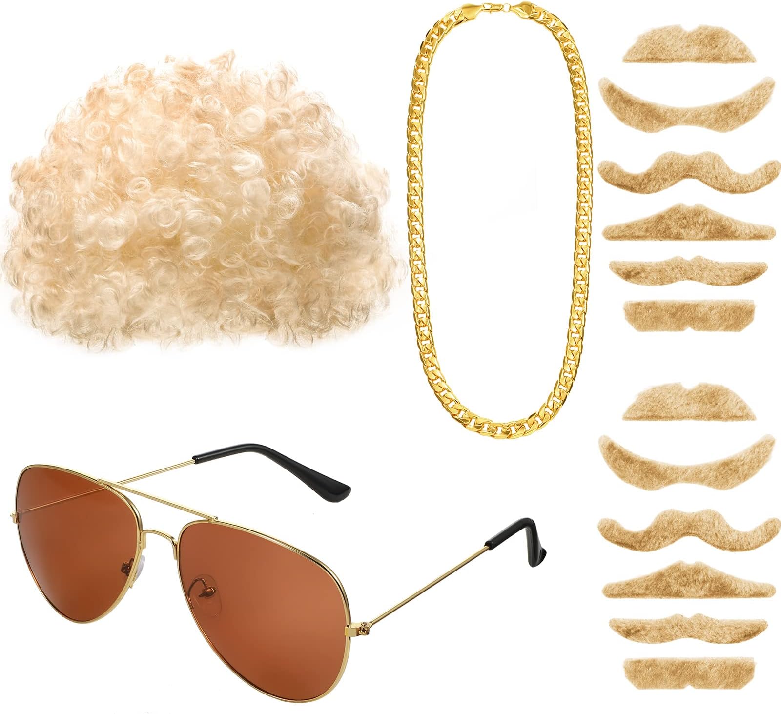 Hippie 70s Disco Costume Set for Men Short Curly Afro Wig Sunglasses Faux Gold Chain Fake Moustache Party Accessory