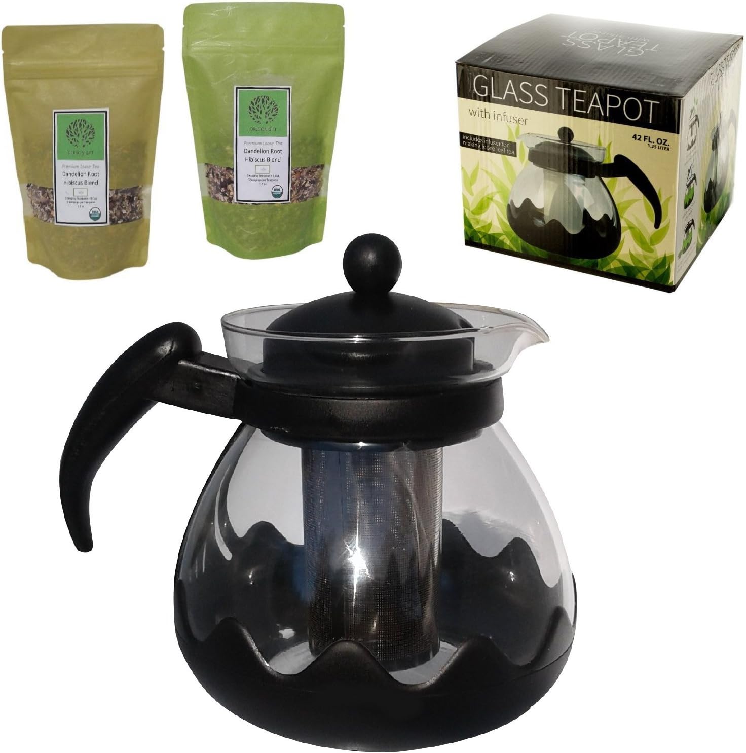 Glass TEAPOT Stainless Infuser and 2 Pouches DANDELION HIBISCUS TEA in GIFT BOX. Complete Kit, Extra Large 42 oz Pot for Brewing and Steeping, 2 Infusers, Two 1.5 oz Pouches Premium Organic Loose Tea