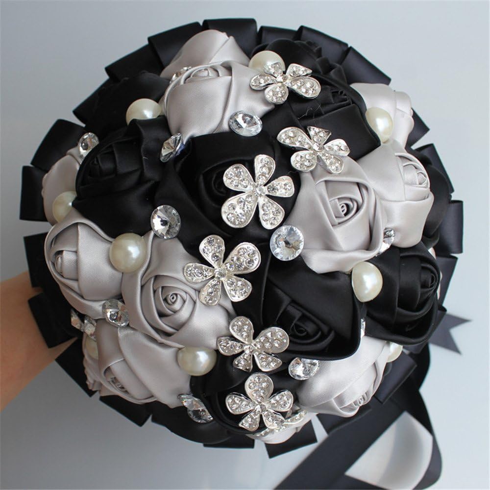 Wedding Bouquets for Bride Brooch Wedding Bouquet Bride Holding Flowers with Rhinestone Pearl 18cm (Black+Silver)