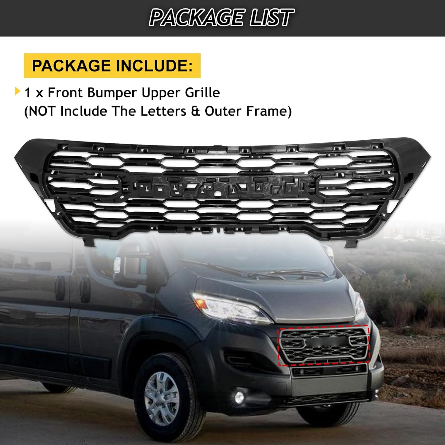 Bewild Front Bumper Upper Grille Mesh Grill Fit For 2023-2025 RAM Promaster 1500 2500 3500 Front Radiator Grille Assembly Replacement