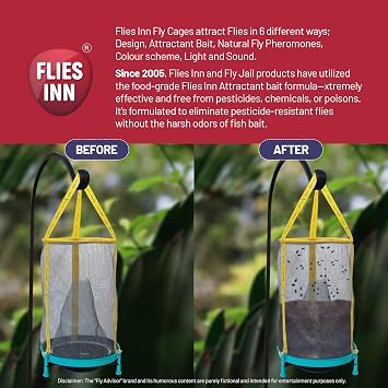 EZ Fly Cage Ranch Fly Trap with 2 Flies Inn Fly Attractant Bait Refill, Low Odor, Reusable, Built to Last for Years (1 Trap+12 Bait, 1)