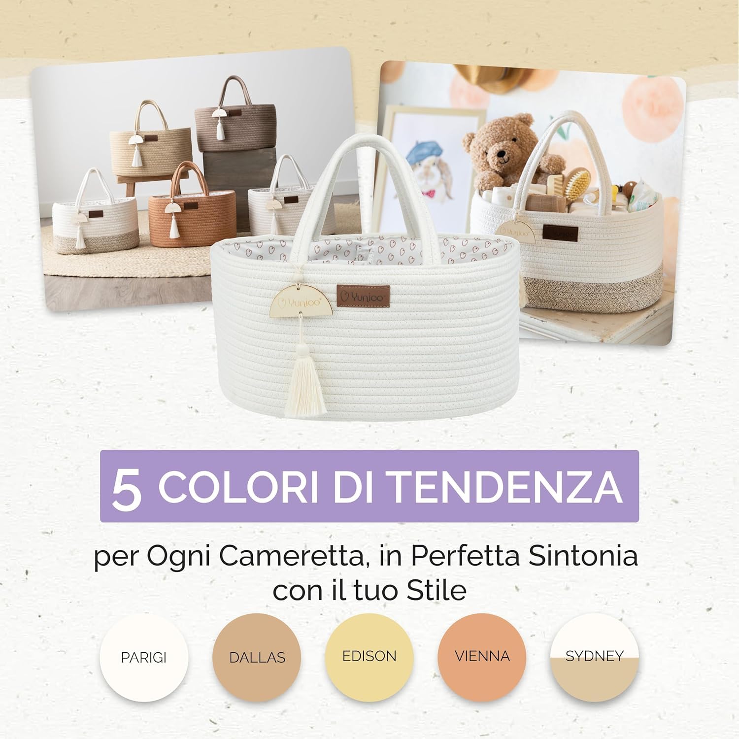 Yunioo Bundle Fasciatoio Neonato con Materassino Impermeabile + Organizer Cestino Porta Pannolini in Corda di Cotone – Set Fasciatoio Completo Regalo Nascita