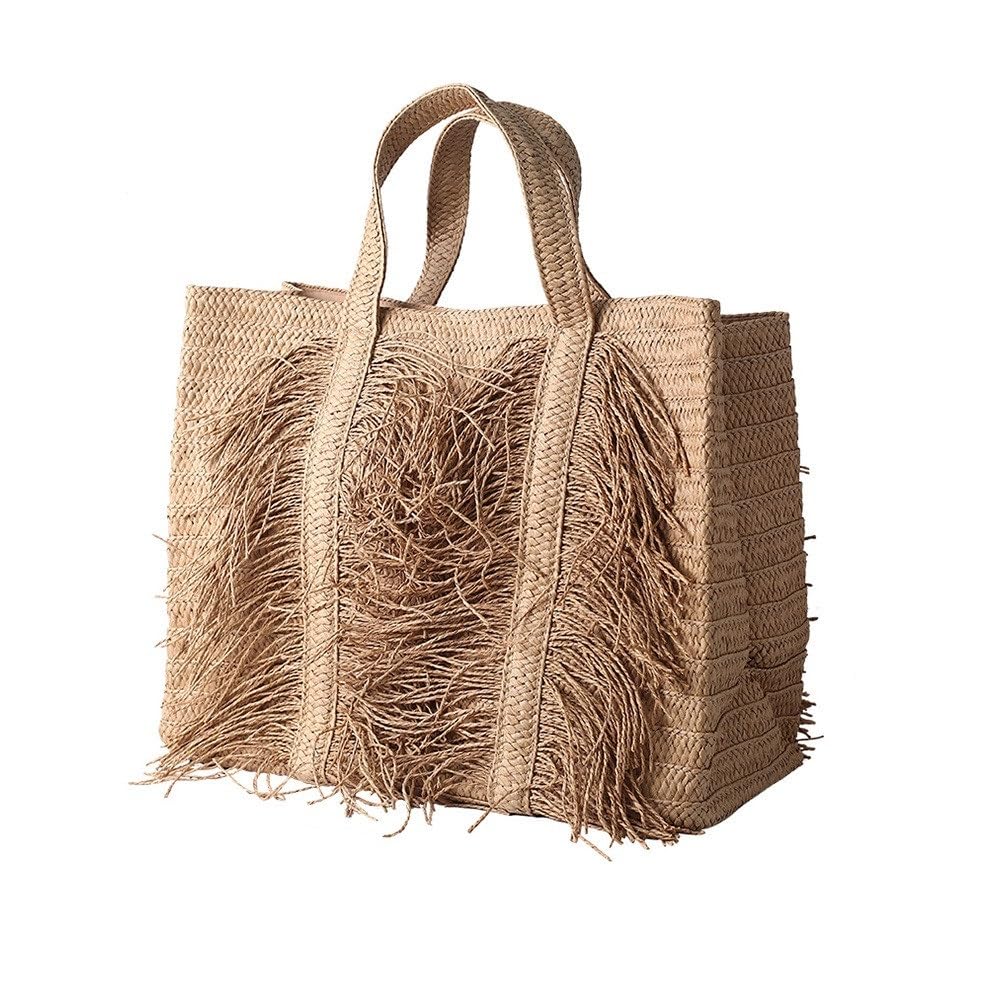 Strohtaschen Damen,Korbtaschen Damen Große Kapazität Quaste Strohbeutel Frauen Umhängetasche Handgemachte gewebtes Frauen Handtasche Big Beach Stroh Damen Tasche Shopper Tote(Khaki)