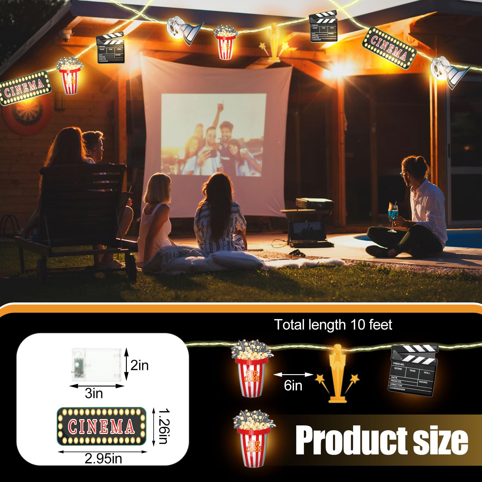 VIHOSE Guirnalda de luces con temática de película, 20 luces LED de 10 pies, funciona con pilas, suministros de fiesta temática de cine para el hogar, suministros de fiesta de cine