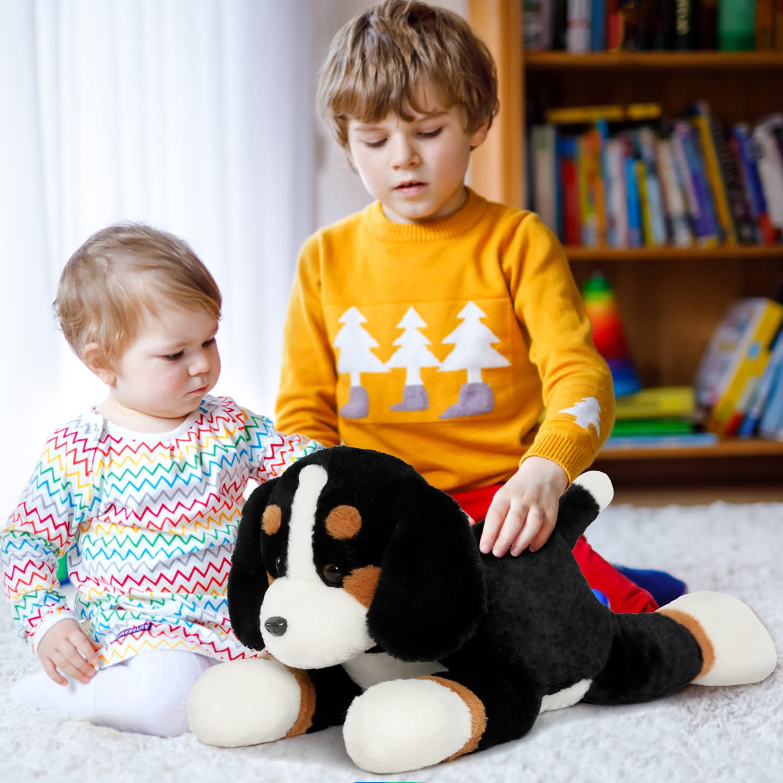 MorisMos Berner Sennenhund Kuscheltier XXL mit 4 Babys im Bauch, groß Hund Plüschtier Stofftier Kuscheltiere, riesen großes Hundkissen Spielzeug Geschenk