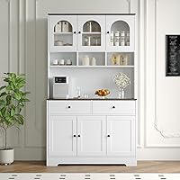 Garvee 71" Farmhouse Kitchen Pantry Cabinet Hutch with Charging Station, Open Shelves, Glass Doors & Countertop Storage