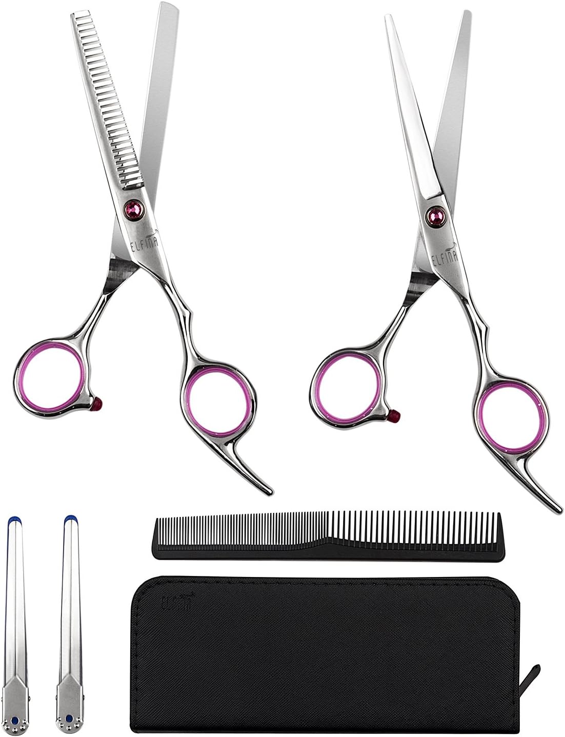 ELFINA Professional Hairdressing Scissors Kit Hair Cutting, 2-Pic Scissor + Case + 2-Pic Clip + 1 Comb, 6.0 Inch - Pink