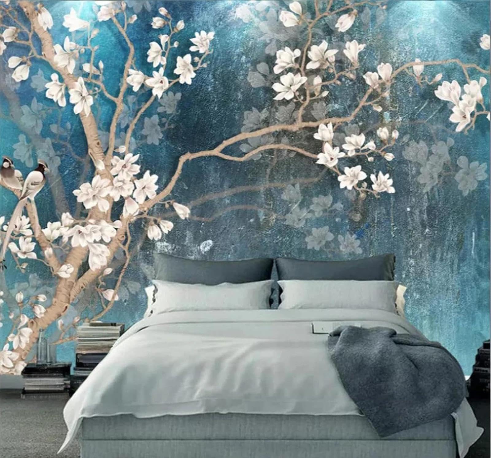 Papier peint 3D fleurs et oiseaux rétro bleu salon chambre 350x256cm