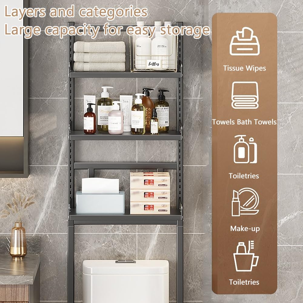 NUODWELL 3-stöckiges Toilettenregal, freistehend, Metall-Badregal, platzsparend, über dem WC-Aufbewahrungsregal, multifunktionales WC-Aufbewahrungsregal für Badezimmer (schwarz)