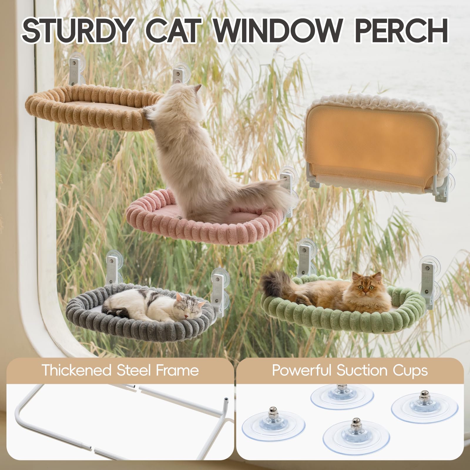 EDAGNY Stijlvolle kattenhangmat, raambed voor binnenkatten, opvouwbaar - pluche kattenraamstoel met afneembare dikke hoes, stevig stalen frame met 4 zuignappen, belastbaar tot 18 kg (oranje, M-met bed