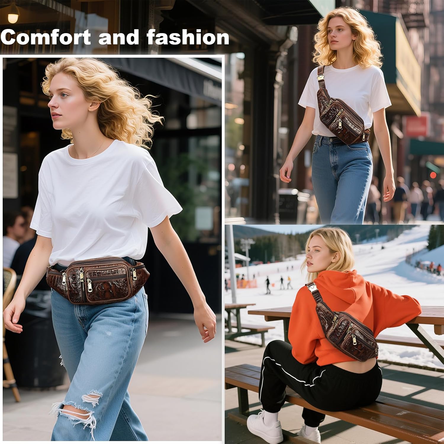 Genuine Leather Fanny Pack large capacity Crossbody Waist Bag with Zipper phone Pockets crocodile coffee - Image 2