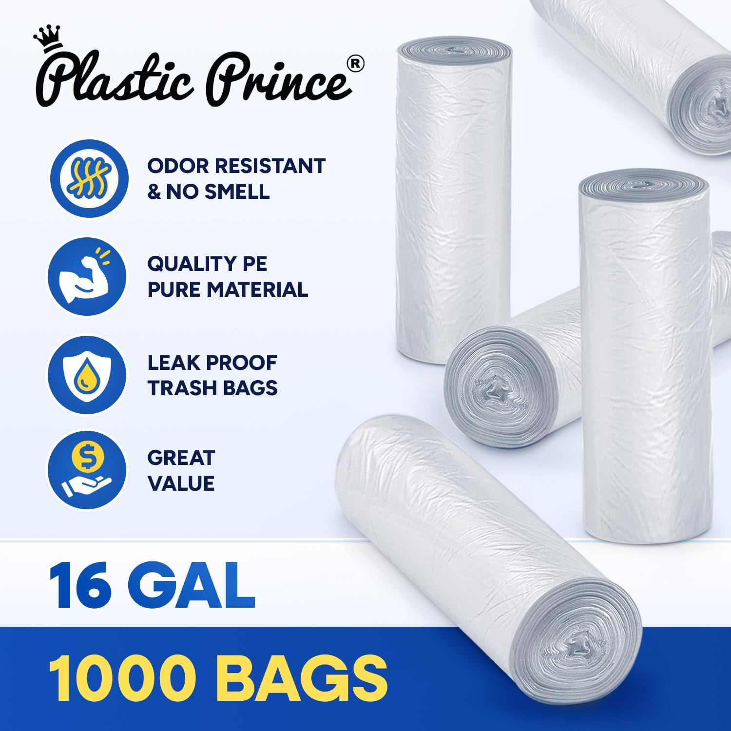 PLASTIC PRINCE 12-16 Gallon Trash Bags, Clear Plastic Bags 12-16 Gal, 24" x 31" Clear Garbage Bags, 6 Micron High-Density Garbage Can Liners, Pack of 1000