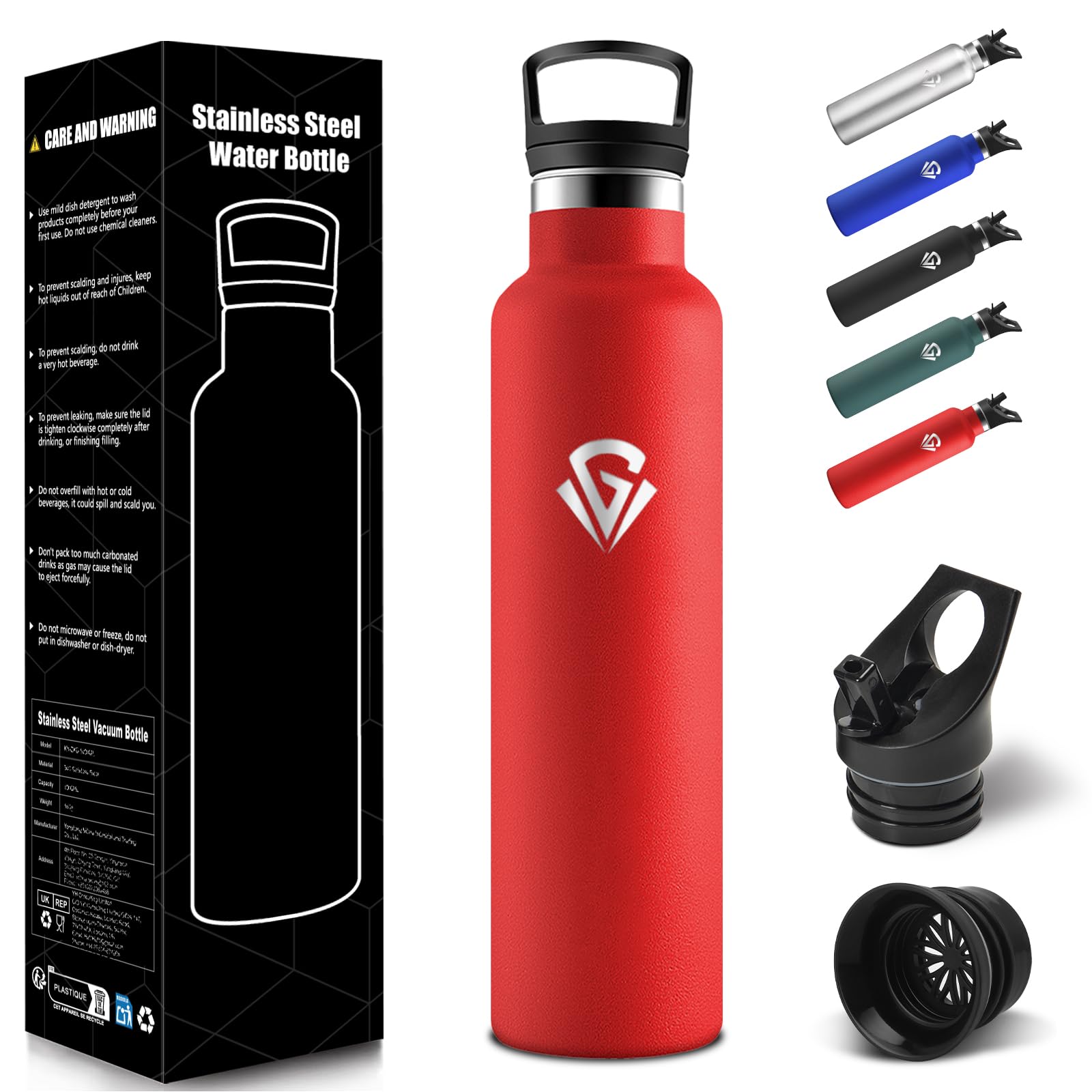 HoneyHolly Trinkflasche 1L, BPA-Frei, Wasserflasche Edelstahl, Auslaufsichere Isolierflasche Doppelwandig, Trinkflasche Mit Strohhalm, Isolierflasche für Büro, Fitnessstudio, Camping - Rot