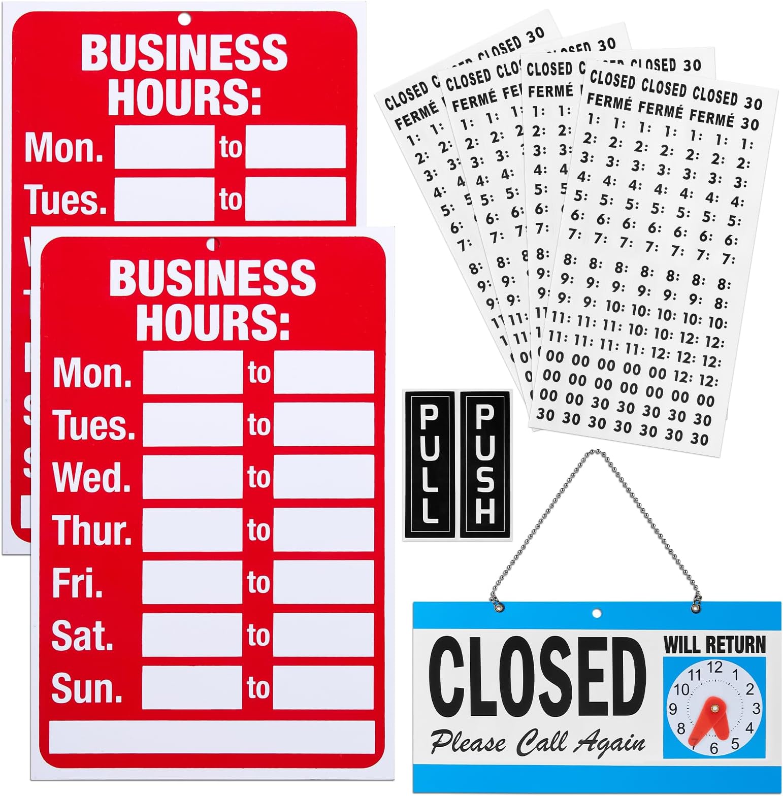 7 Pcs Business Hours Sign Open Closed Bundle, Office Hours & Hours of Operation Signs for Business With Time Number Stickers, Will Return Clock for Door Window Restaurants, Bars, Retail, Barbershop