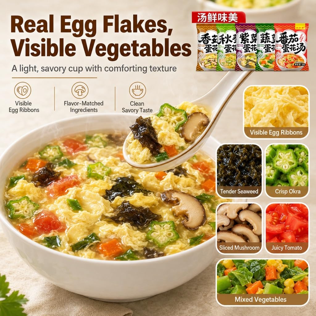 Paquet De 25 Mélanges Soupe Instantanés : Aux Œufs 5 Saveurs, Petit-déjeuner Rapide, Camping, Portions Faciles