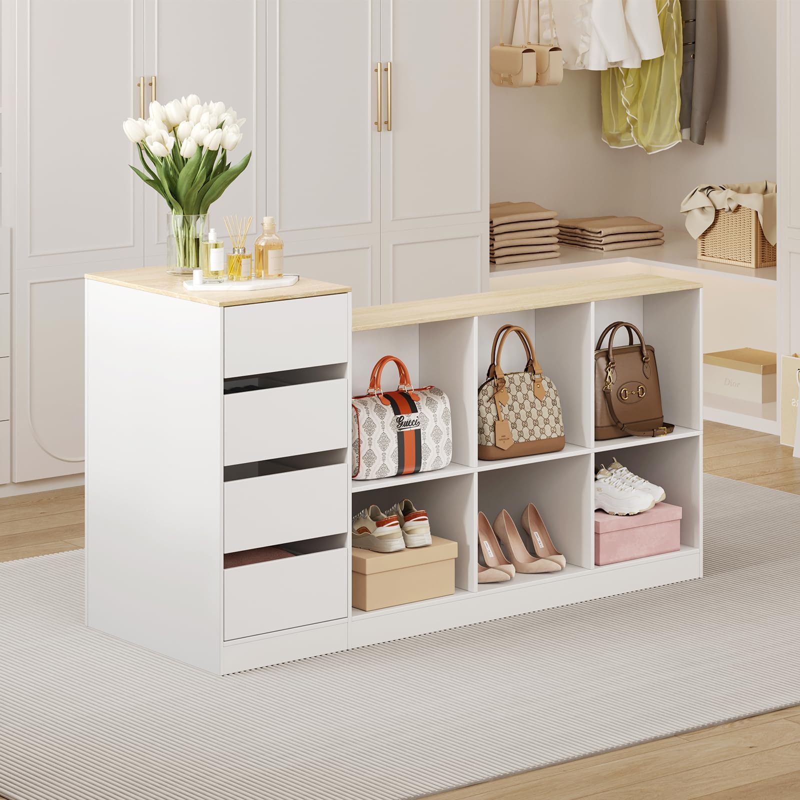 Wardrobe Armoire Closet with Bench, Walk-in Closet Island Dresser with 8 Drawers & Shoe Shelves & Shelf for Bags, Modern Wooden Wardrobe Storage Cabinet for Bedroom, Fitting Room & Shops
