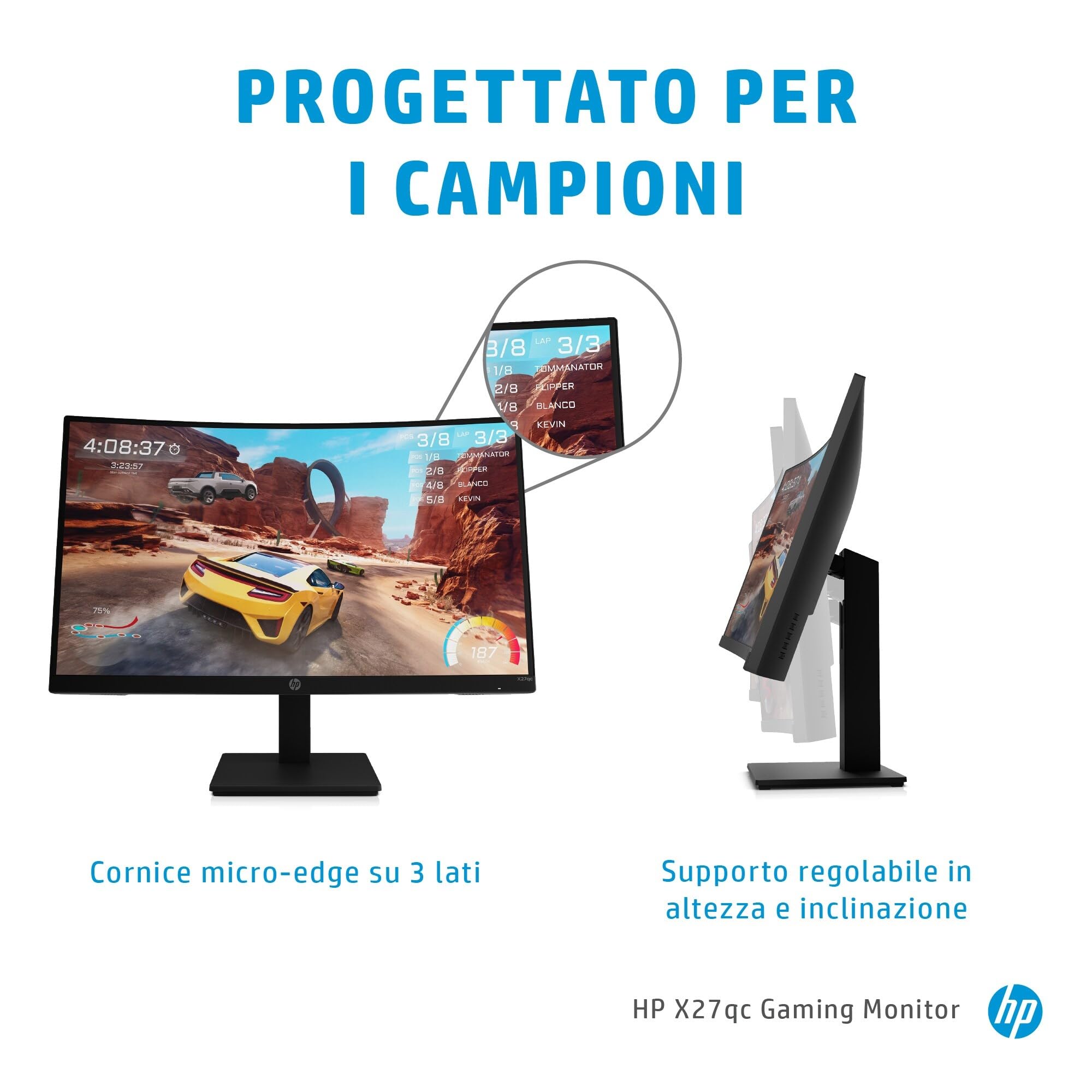 HP X27qc Gaming Monitor Curvo da 27 pollici, Pannello VA 16:9 QHD 165Hz, 1 ms, Antiriflesso, 350 nits, 3000:1, AMD FreeSync Premium, Low Blue Light, VESA 10x10 cm, HDMI 2.0, Displayport 1.4, Nero
