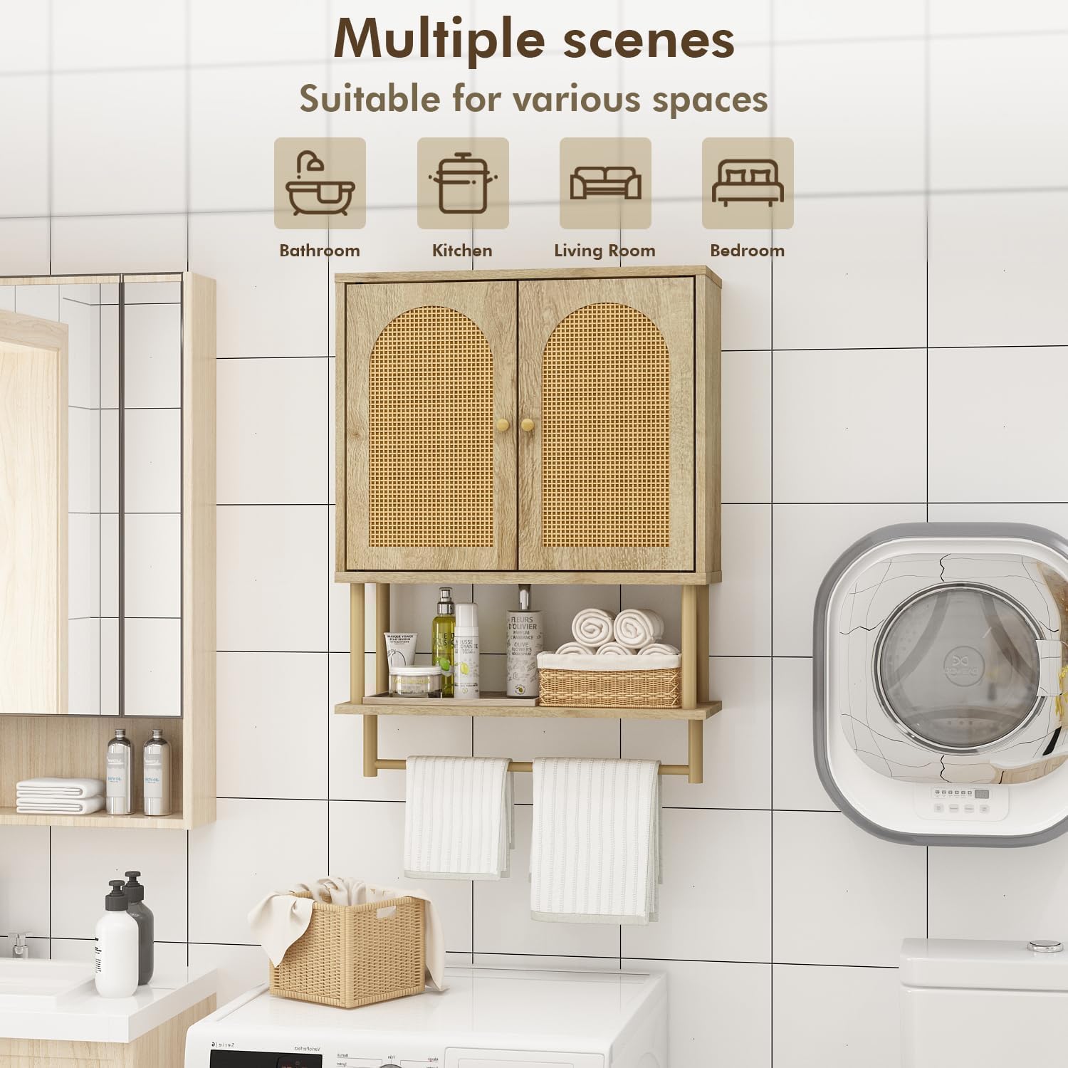 RUSTOWN Rattan Bathroom Wall Cabinet, Modern Boho Medicine Cabinet with Two Arched Rattan Doors, Over The Toilet Storage Cabinet with Adjustable Shelf and Towel Bar for Bathroom (Natural,Medium)