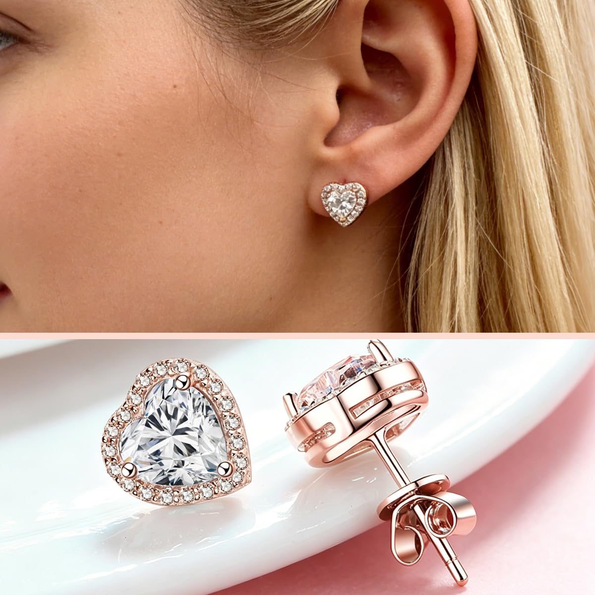 FEIKFEIZ Orecchini da donna con Moissanite a forma di cuore da 1CT, coltivati in laboratorio, 925 argento con placcatura in oro rosa 18K, orecchini a lobo, regalo di gioielli.