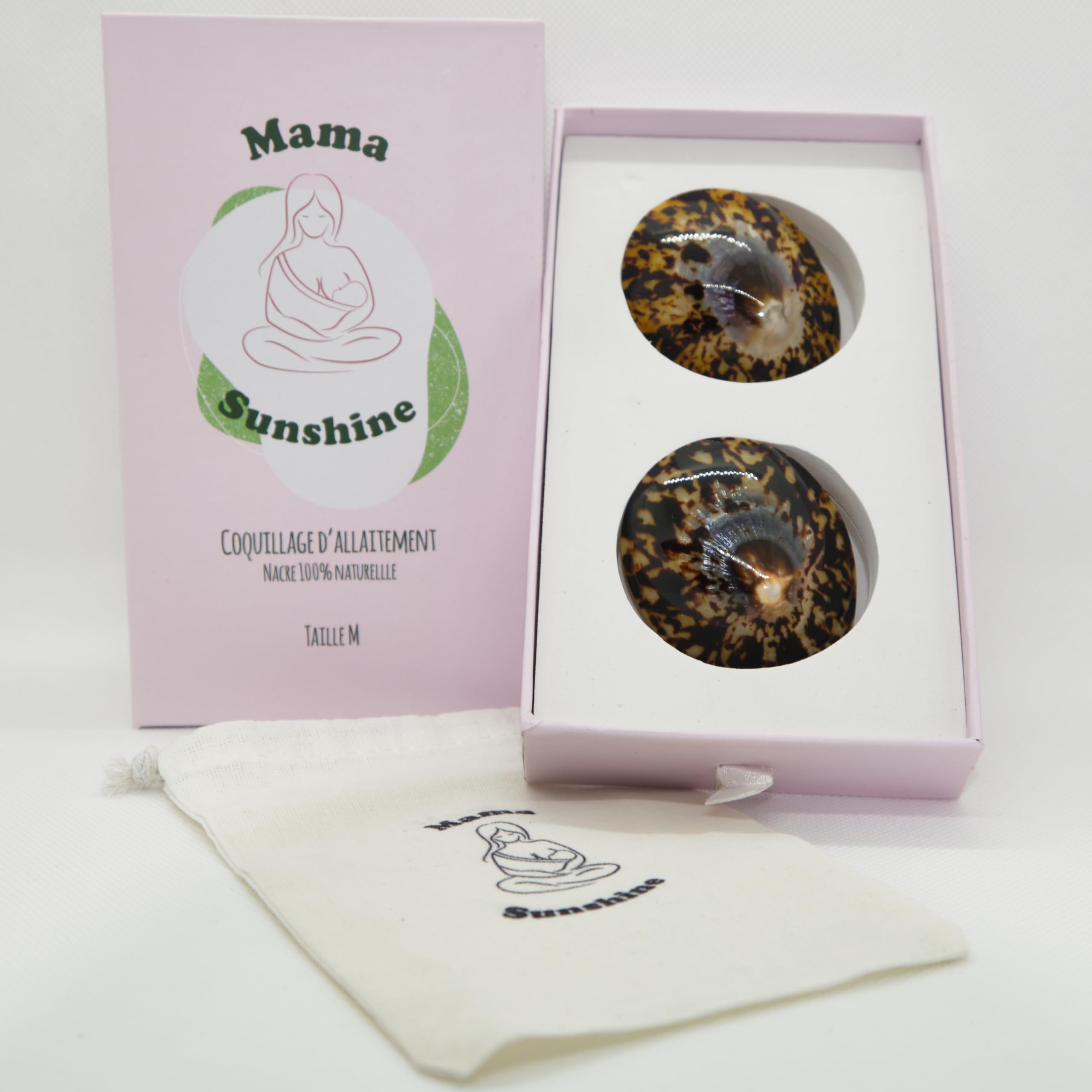Coquillages d’Allaitement Mama Sunshine – Nacre Naturelle – Protège-Mamelons Réutilisables – Boîte Rigide + Pochette – Taille M (5,5 à 6 cm)