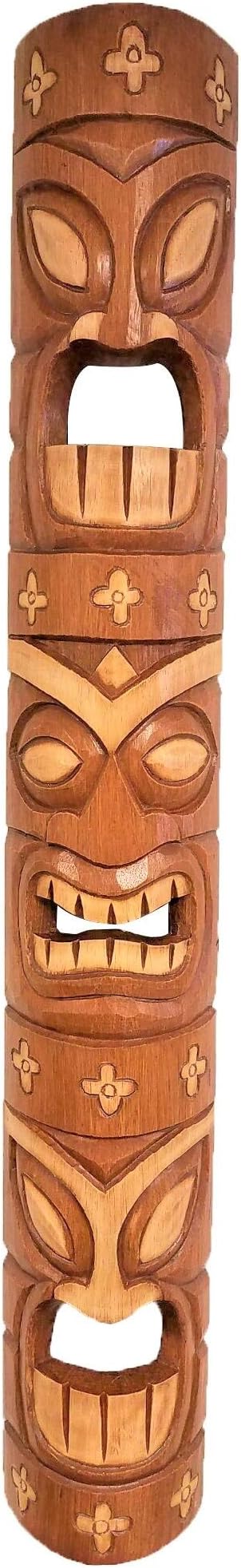 All Seas Imports Detailed 39.5" Handcarved Natural Style Three Face Wood Tiki Mask with Flowers!