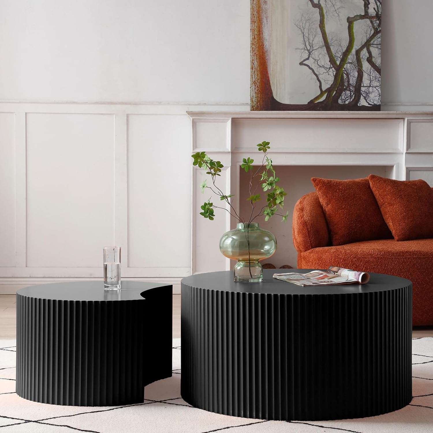 Nesting Coffee Table Set of 2, Creative Moon Round Wood Coffee Table, Matte Black Modern Side Tables Accent Luxury End Table for Living Room Apartment