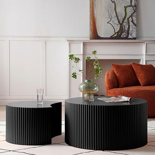 Juego de 2 mesas auxiliares anidables, mesa auxiliar redonda de madera creativa de luna, color negro mate, mesas auxiliares modernas de lujo para