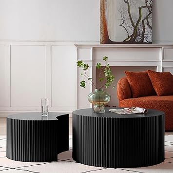 Nesting Coffee Table Set of 2, Creative Moon Round Wood Coffee Table, Matte Black Modern Side Tables Accent Luxury End Table for Living Room Apartment