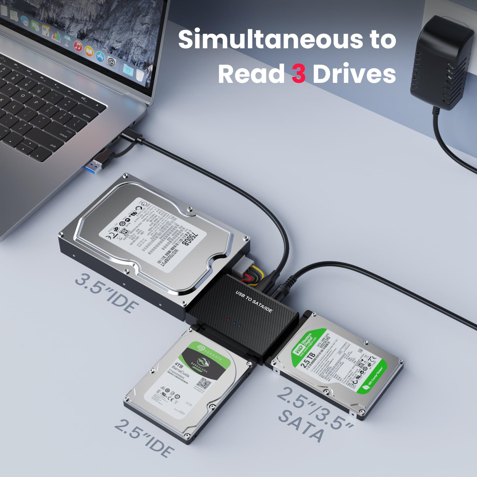 USB 3.0 to IDE and SATA Converter External Hard Drive Adapter Kit for Universal 2.5/3.5 HDD/SSD Hard Drive Disk, USB to SATA Reader IDE, Included 12V/2A Power Adapter