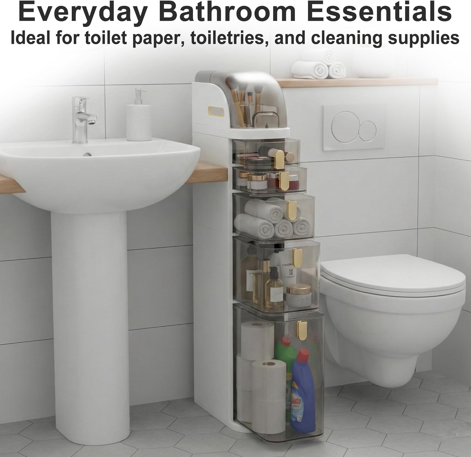 Slim Bathroom Storage Cabinet with Drawers, Narrow Floor Cabinet for Small Spaces, Vertical Bathroom Organizer Next to Toilet, Freestanding Bathroom Storage with Wheels