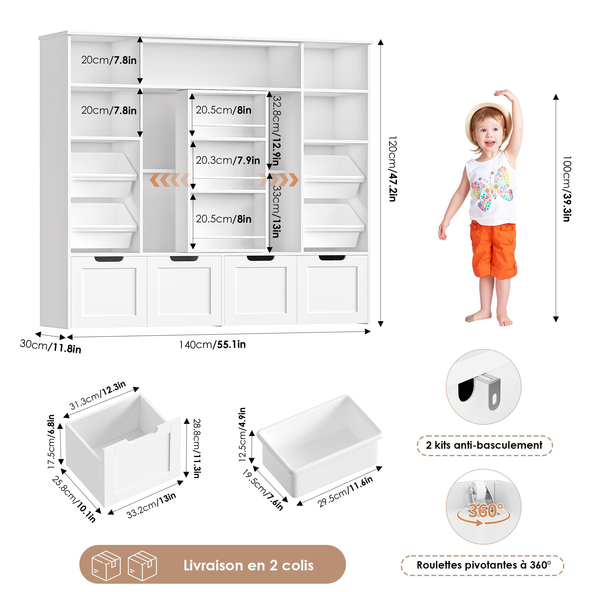 FOREHILL Meuble Rangement Enfant, Porte Coulissante, Bac Plastique Amovible