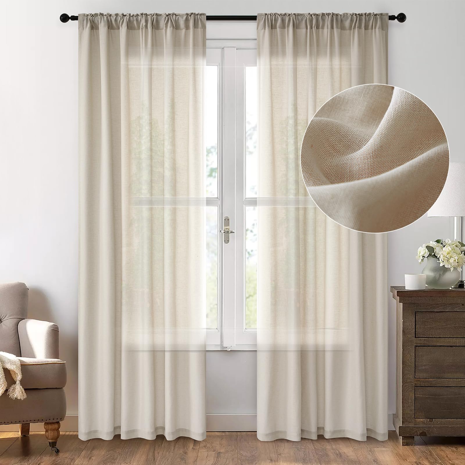 Dreaming Casa Taupe Linen Semi Sheer Curtains 84 inches Long, Light Filtering Curtains Sheer Rod Pocket & Back Tab, Soft Window Privacy Drapes Living Room Bedroom, 2 Panels Set, Each W52 x L84