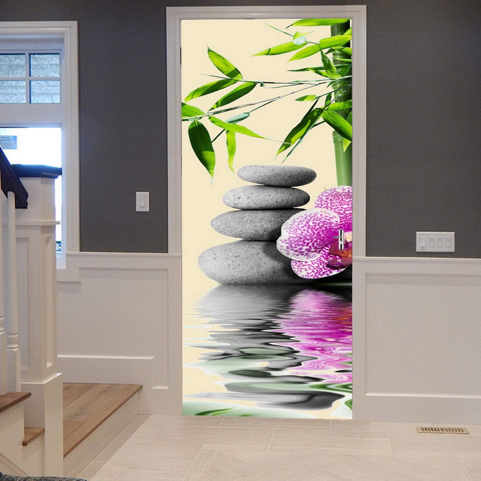 A.Monamour 3D Door Stickers for Interior Doors Green Bamboo Leaves Purple Orchids Flowers A Pile of Spa Stone Vinyl Waterproof Self Adhesive Door Mural Decals for Bedroom Office Bathroom 77 x 200 cm