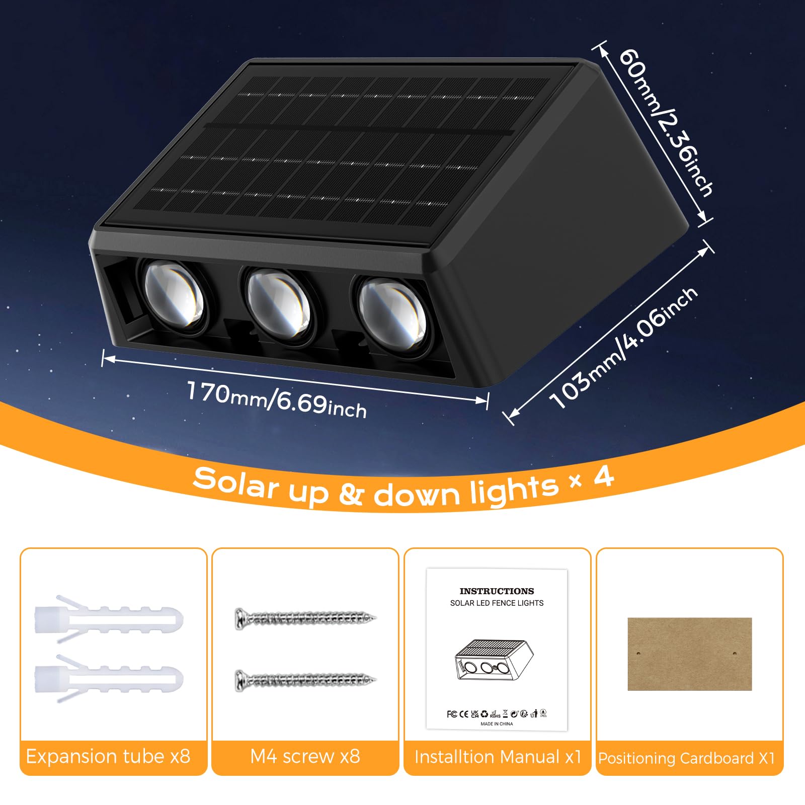Quntis Applique da Esterno Solare Doppia Luce Bianca Calda e Colore 6 LEDs ad Alta Potenza, 13 Modalità, Lampada Solari da Esterno Parete Impermeabile IP65 per Recinzione Giardino Terrazze-Grande