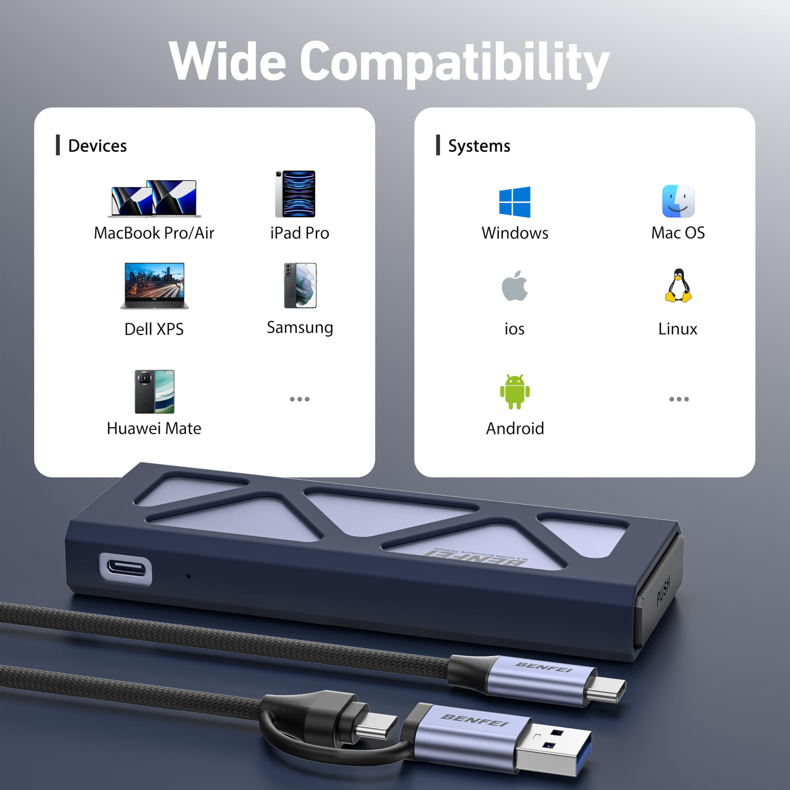 BENFEI M.2 NVME SSD Enclosure, Adattatore USB C (10Gbps) a M e B&M con Protezione da Perdita di Potenza per 10 Secondi