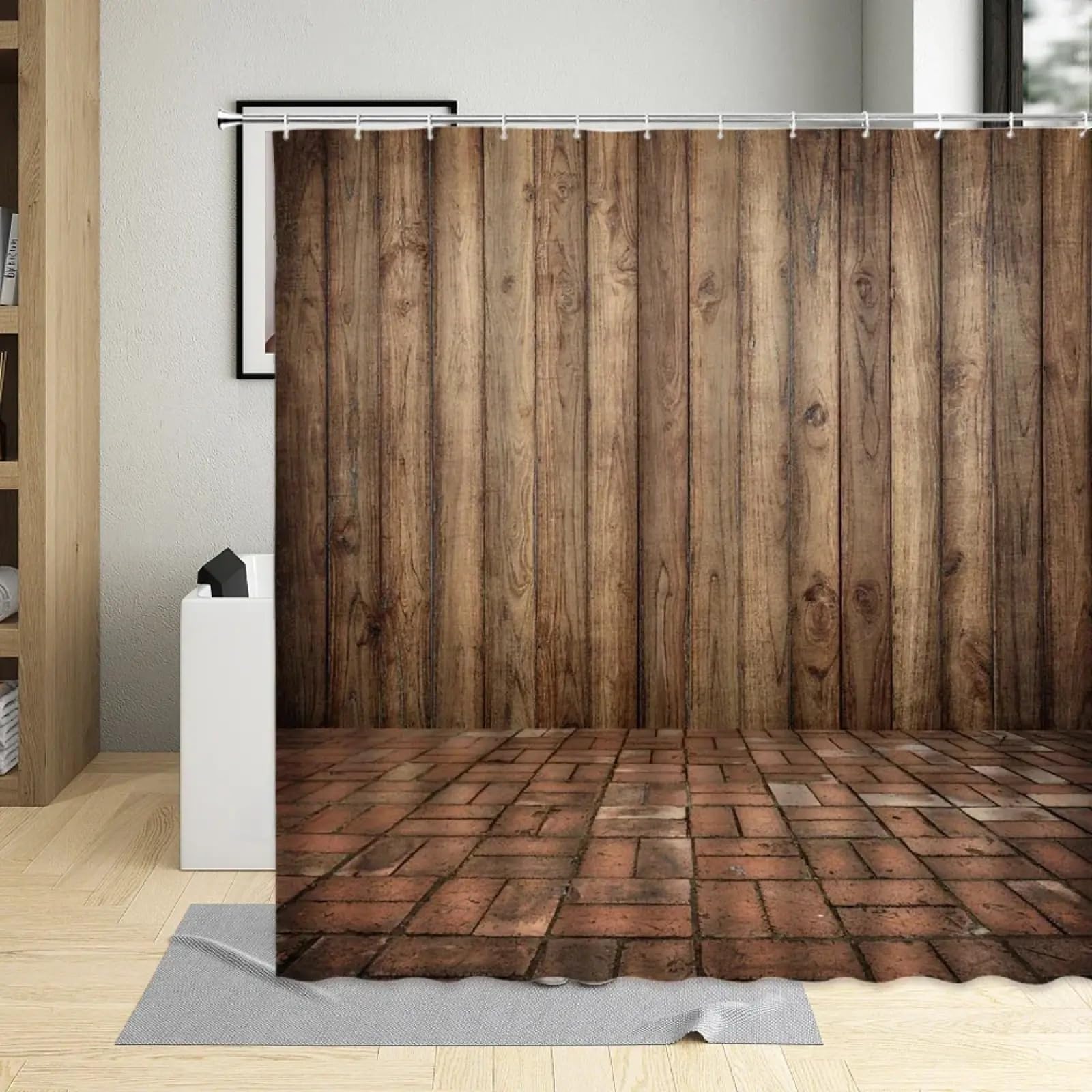 Rideau de douche tissu imperméable en polyester à motif grain de bois coloré 133x220cm