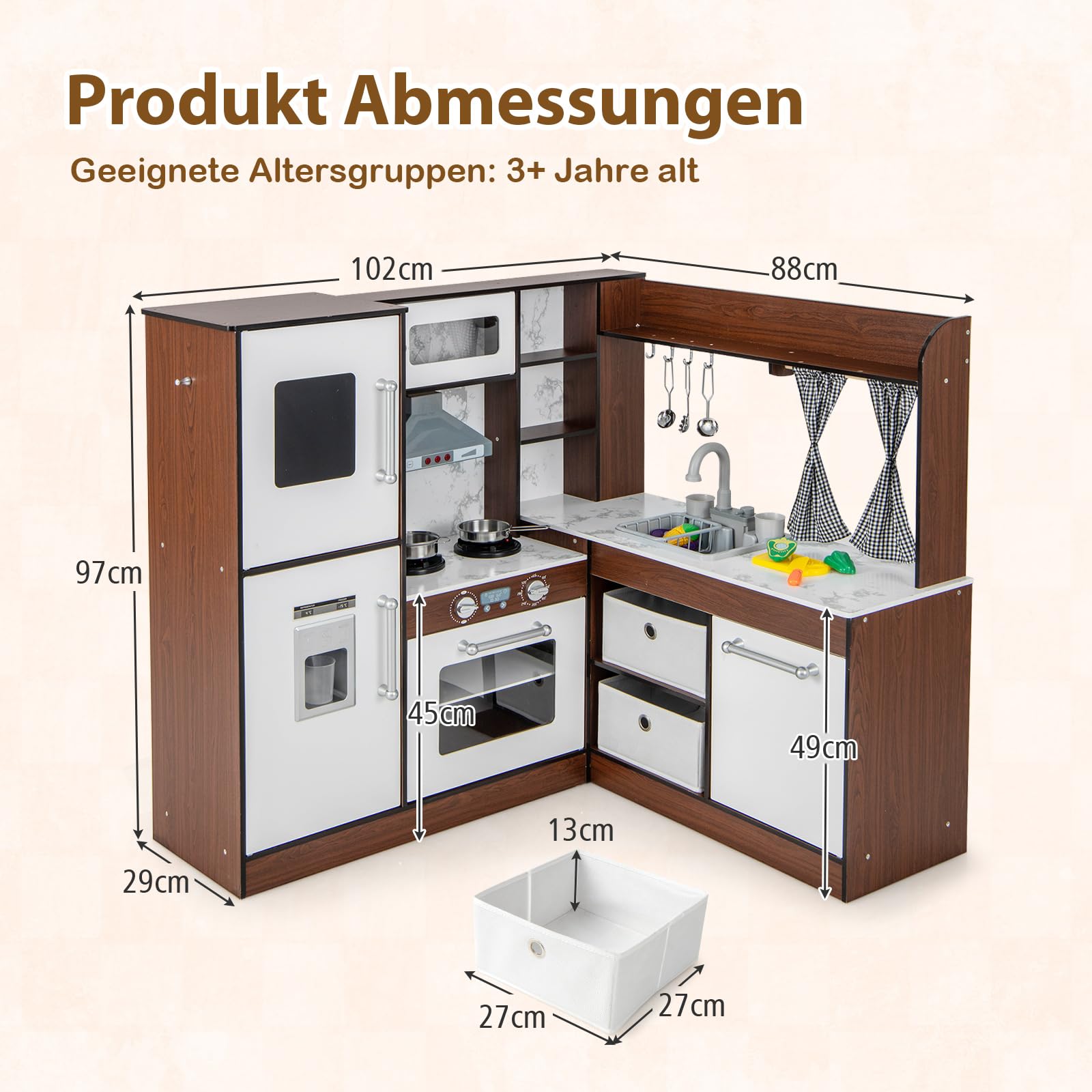 COSTWAY Kinderküche mit Wasserpumpfunktion, Spielküche Holz mit Licht & Sound, Kinder Küche inkl. Zubehör & Körbe & Vorhänge & Haube, Multifunktionale Spielzeugküche für Kinder ab 3 Jahren (Luxus)